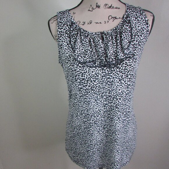 Liz Claiborne Sleeveless Blouse S Animal Print Ruffle Collar - Picture 2 of 8
